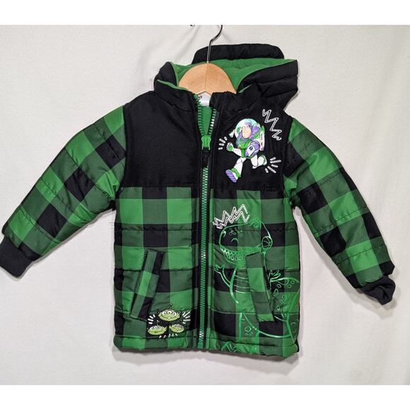 Disney Store Toy Story Hooded Puffer Jacket Boys 3T Green Black Plaid Buzz Woody - Picture 1 of 7
